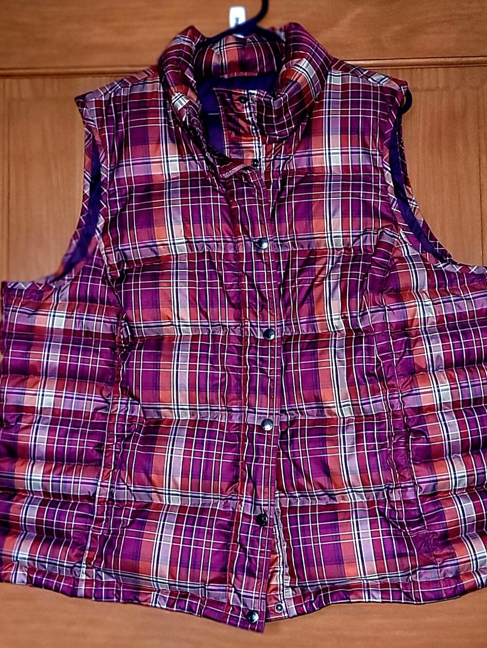 Lands' End Plaid Puffer Vest Womens 2X Purple Beige 80% Down Snap Front Pockets